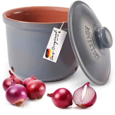 Produktbild von Römertopf Frische-Topf MAXI 2,8 Liter - Zwiebeltopf Keramik - Atmungsaktiver Ton hält Gemüse länger Frisch - Ideale Luftzirkulation - Blau-Grau