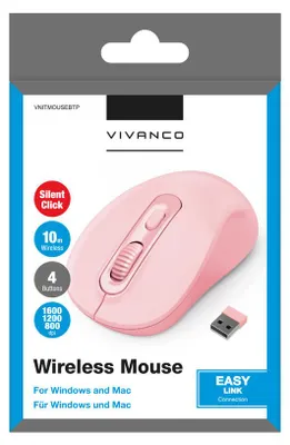 Obrázok produktu pre ViVanco™VNITMOUSEBTP, Všestranný, Optický, RF Wireless, 1600 DPI, Ružová