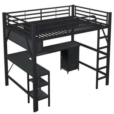 Immagine prodotto di Letto a soppalco con scrivania e armadio - 140 x 200 cm - Struttura in metallo e pannelli in MDF - Spazio contenitivo - Illuminazione a LED e prese USB - Colore nero