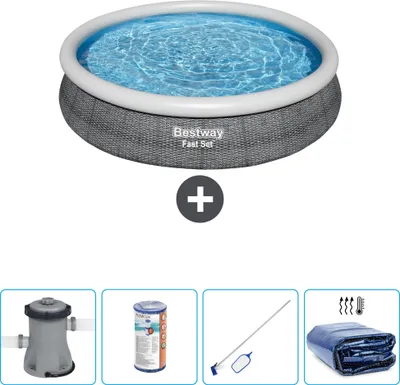 Zdjęcie produktu dla Okrągły nadmuchiwany basen Bestway - rattanowy nadruk - 366 x 76 cm - w tym pompa - filtr - zestaw do czyszczenia - markiza