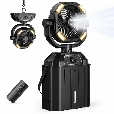Produktbild von Camping Ventilator mit Wassernebel & LED Licht, Akku betrieben, leise, mit Fernbedienung, oszillierend für Outdoor & Notfälle