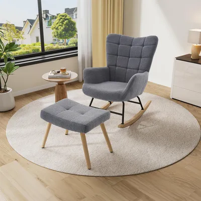 Produktbild von okwish moderner Schaukelstuhl mit Fußhocker und Armlehnen,minimalistischer Stil,Sessel mit hoher Rückenlehne,Relaxsessel in Grau