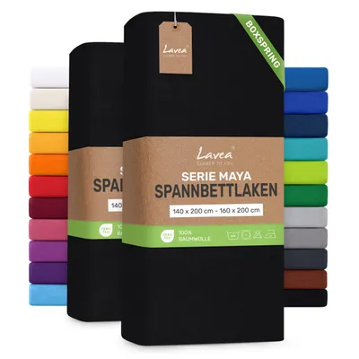 Produktbild von Lavea® 2er Pack Spannbettlaken 140/160x200 cm, Jersey Bettlaken 100% Baumwolle – Boxspringbetten, Wasserbetten, Matratzen bis 35 cm – Schwarz