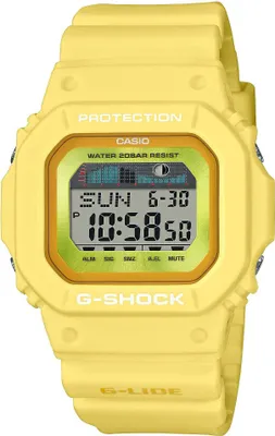 A close-up studio shot of a yellow G-Shock watch.