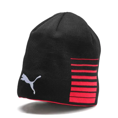 A black and red Puma beanie is shown against a white background.
