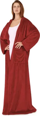 A woman wearing a long, red robe.