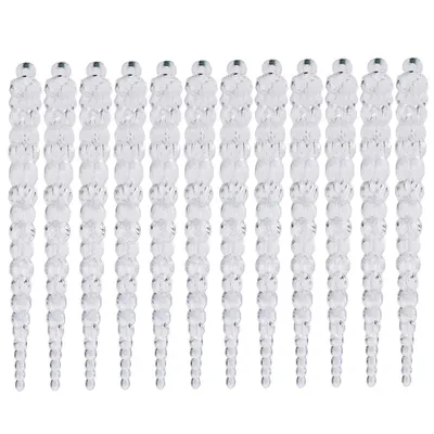 A row of clear acrylic icicle decorations against a white background.