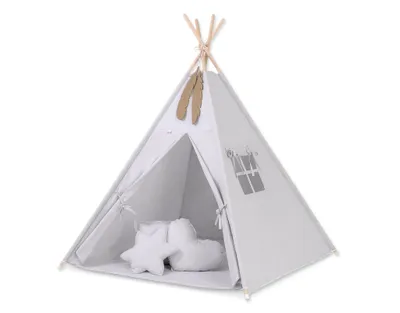 Image de Tipi tente pour enfants + tapis + coussin + pendentif en plumes - gris