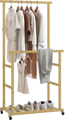 Image de Porte-manteau en bambou - Porte-manteau - Avec roulettes - Avec porte-chaussures - Avec 2 tringles à vêtements - Taille 80×40×160 cm - Bois naturel