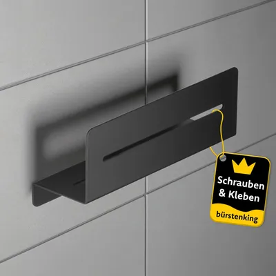 Produktbild von Bürstenking Duschablage ohne Bohren Schwarz-Matt 30 cm – Befestigung durch Schrauben oder Kleben – Aluminium inkl. Befestigungsmaterial und Kleber