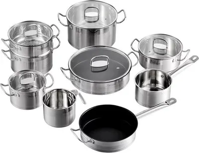Produktbild von Induktions-Pfannenset 14-tlg, Edelstahl, Glasdeckel