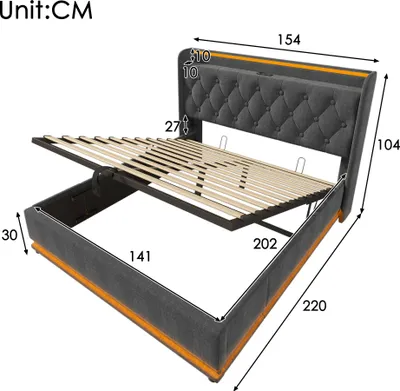 Produktbild von okwish Boxspringbett Polsterbett 140 x 200 cm mit Kopfteil mit USB&Typ-C-Ladeanschluss, Hydraulisches Stauraumbett mit Bettkasten Stauraum und mit LED-Beleuchtung(Ohne Matratze)- Leinen Grau