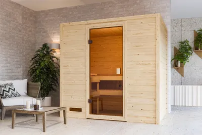 Produktbild von Karibu Sauna Innensauna Selena Fronteinstieg Ofen 3,6 kW intgr. Strg 195x145x187 cm ohne Dachkranz