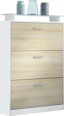 Produktbild von Vladon Schuhschrank Lavia,  Germany, Schuhkipper für 24 Paar Schuhe mit 3 Klappen und Glasablage, Weiß matt/Eiche sägerau (89 x 128 x 23 cm)