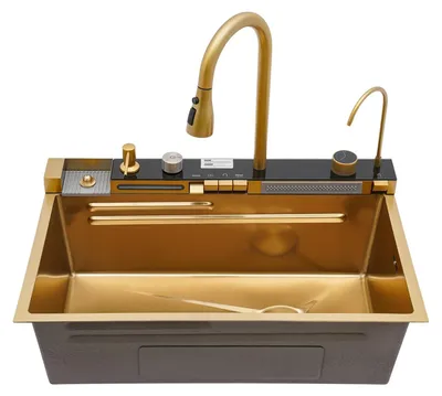 Produktbild von Wasserfall-Küchenspüle - Einbeckenspüle aus Edelstahl - Ausziehbare Armatur - Temperaturregelbar - Mehrere Wasserstrahlarten - 75 x 46 x 22 cm - Gold