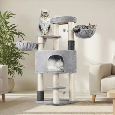 Produktbild von Yaheetech Großer Kratzbaum 160 cm H, mit ⌀11 cm dicken Sisalstämmen, großen Plattformen & Katzenhöhlen, 2 Katzenbürsten & Decken, Hellgrau & Beige