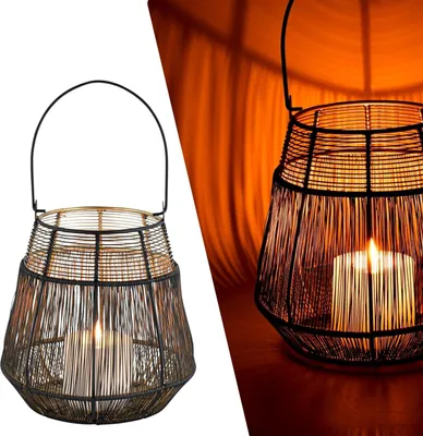 Produktbild von Marrakesch Skandinavische Deko Teelichthalter rund aus Metall 21cm groß schwarz gold | Windlicht Dinak als Frühling Wohnzimmer Tisch Deko | Exquisite Kerzenständer für Teelichter als Dekoration