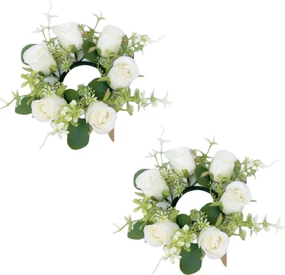 Produktbild von 2 Stück Künstlicher Rosenkranz, Kerzenring, Säulenkerzenhalter, grüne Blätter, bunte Blumengirlande, für Zuhause, Hochzeit, Party, Tischdekoration