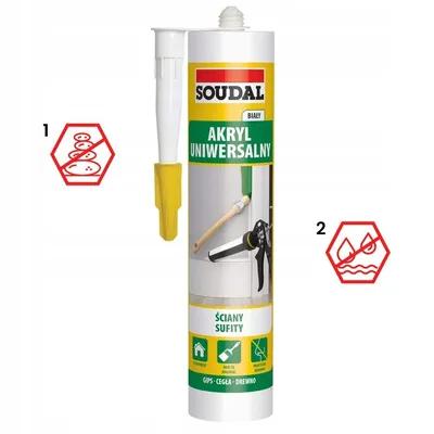 A tube of Soudal white acrylic sealant with a nozzle and applicator gun, shown against a white background with informational icons.