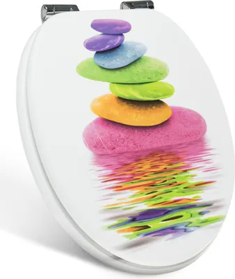 A toilet seat with a printed design of stacked, colorful stones.