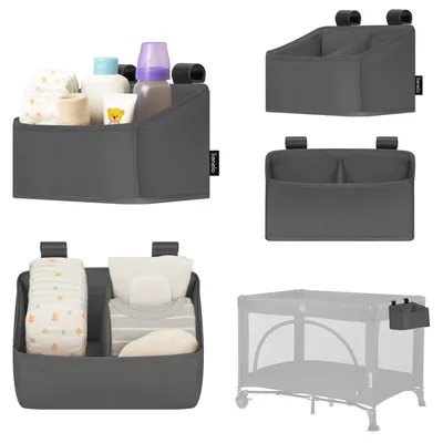A collage of different views and uses of a gray baby organizer.