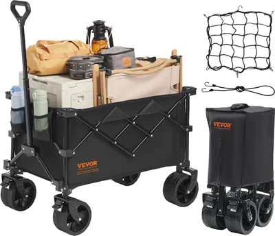 A VEVOR wagon filled with camping gear, shown from a slightly elevated front-left angle. The wagon is black with orange branding. Accessories like a net and bungee cords are shown separately on the right.
