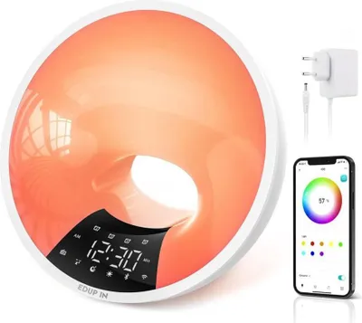 Produktbild von EDUP IN Lichtwecker Wake Up Light Smart Wecker Simuliert Sonnenaufgang Bluetooth Lautsprecher APP Steuerung 4 Wecker Snooze 16 Mio. Nachtlicht 7 Naturtöne Dimmbar USB Anschluss Radio Adapter Weiß