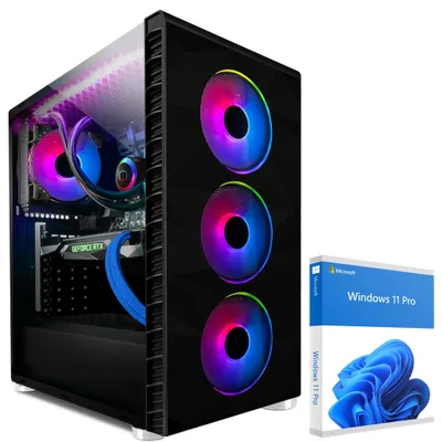A gaming computer and a box of Windows 11 Pro.