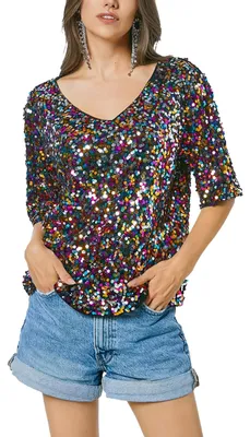 Produktbild von Damen Pailletten Oberteil V-Ausschnitt Glitzer Tops Kurzarm Party Bluse T-Shirt