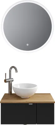Produktbild von Pelipal Serie 6915 SET-044-170 Block bestehend aus: Keramik-Aufsatzbecken, Waschtischplatte, Waschtischunterschrank, LED Spiegel