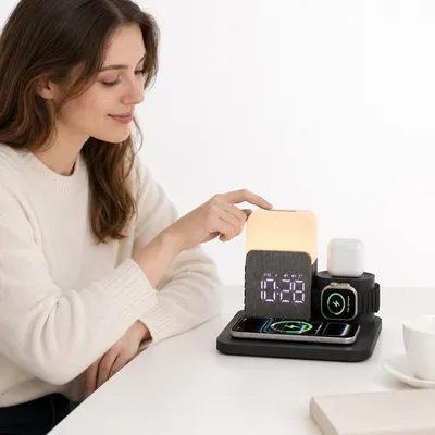 Produktbild von 5-in-1 Induktive Ladestation für Apple Watch, iPhone & AirPods, 15W, Wecker, Nachttischlampe – Wireless Charger & Ladestation mit Adapter