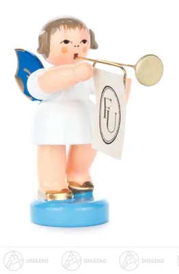 Produktbild von Engel mit Fanfare - Blaue Flügel - stehend (6cm) von Kunstgewerbe Uhlig