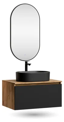 Produktbild von ARISA Badmöbel Set Schwarz – Mit "Glora" LED Spiegel und schwarze Keramik-Aufsatzwaschbecken 55 cm