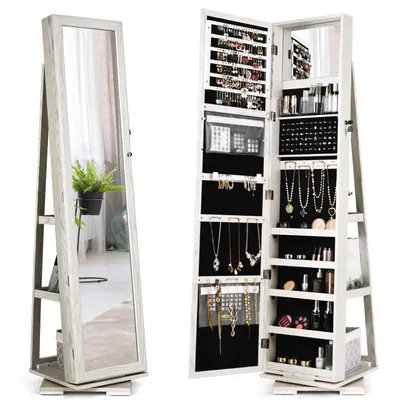 A full-length jewelry cabinet with a mirror is shown, open to reveal its interior storage compartments. The cabinet is white with a wood grain texture. The mirror is on the left side, and the right side is open, displaying various jewelry and cosmetic item