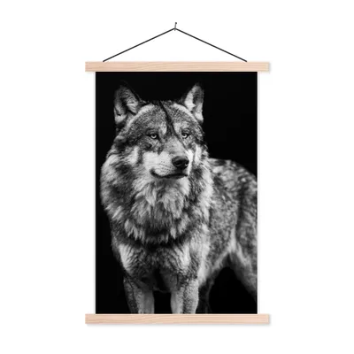 Produktbild von MuchoWow® Textilposter Wolf - Tiere - Wild - Schwarz - Weiß 60x90 cm mit holzfarbenen Rahmen - Textil