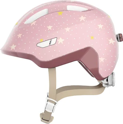 Produktbild von ABUS Kinderhelm Smiley 3.0 FL.ACE LED - mit Magnetverschluss, Rücklicht und Insektenschutz - Fahrradhelm für Kinder und Kleinkinder auf Laufrad, Fahrrad und im Kindersitz - rosa mit Sternen, Größe M