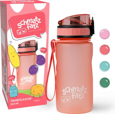 A product shot of a coral-colored water bottle and its packaging, with color swatches on the side.