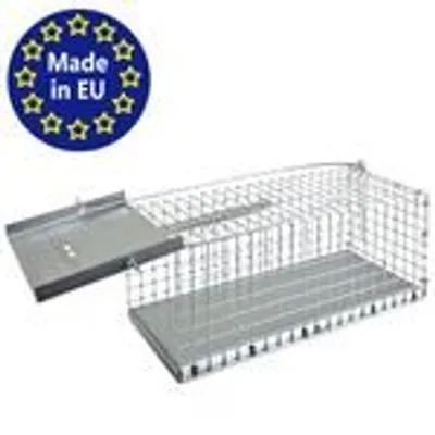 A metal cage trap for catching small animals, with a "Made in EU" logo in the corner.