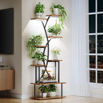 Productafbeelding van Biemler - 8-laags plantenstandaard met plantlamp, 172 cm, decoratieve, trapeziumvormige plantenstandaard, geschikt voor binnen- en buitengebruik