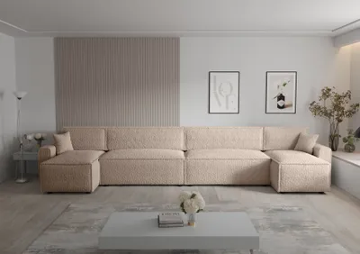 Produktbild von Ecksofa Alvito 2xU BIS, Farbe: Hellbraun. Material: Bouclé. A: B: 424 cm,H: 85 cm,Tiefe: 105 cm, Eckcouch, Schlafcouch, Sofa bed, Schlafsofa