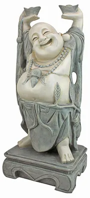 Image de Statue de jardin Bouddha rieur - Polyrésine - Gris et blanc - 63,5 cm - Statue de Bouddha décorative pour jardin et terrasse