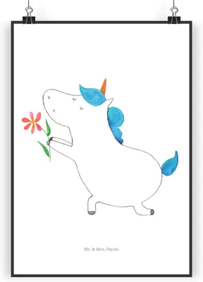 Produktbild von Mr. & Mrs. Panda Bild Einhorn Blume DIN A4 - Weiß - Geschenk, Antrag, drucke, Einhörner, Liebe, Unicorn, Wandbild, wanddeko, kunstdruck poster, Partner