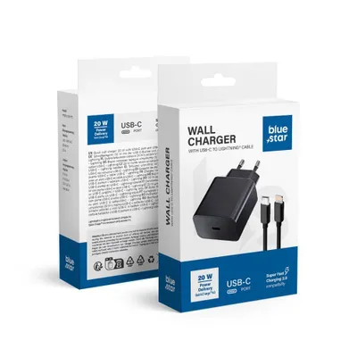 Obrázek produktu pro Síťová nabíječka Blue Star s portem USB-C a kabelem Lightning - 3A 20W s funkcí nabíjení PD a QC 4.0