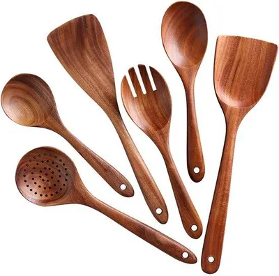 Image de Set d'ustensiles de cuisine en bois, 6 pièces, teck, antiadhésif, cuillère, spatule, fourchettes à salade