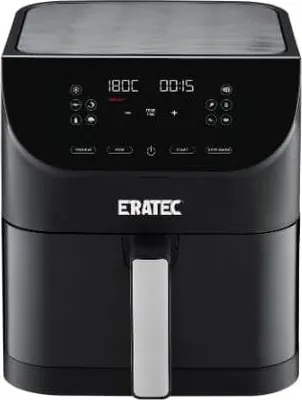 A black air fryer with a digital display and a silver handle.