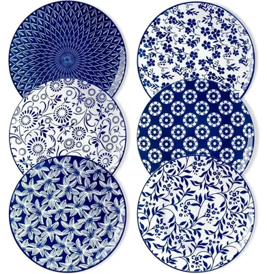 Immagine prodotto di Set di 6 piatti piani, piatti da dessert in porcellana, piatti da torta di diametro 21 cm, design vintage, blu e bianco, adatti al microonde e alla lavastoviglie