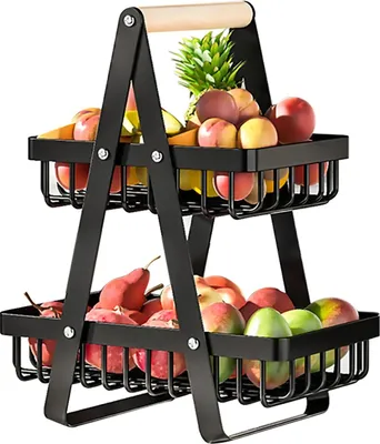 Produktbild von Obst- und Gemüseständer - Aufbewahrungskorb mit 2 Ebenen - Abnehmbar - Vielseitig - Für Brot, Obst & Gemüse - Schwarz