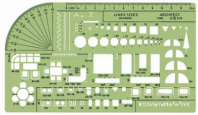 Produktbild von Linex 1258S Architekt-Universal-Schablone, Maßstab 1:100, Tuschenoppen, Symbole für Möbel, 200x115mm, grün