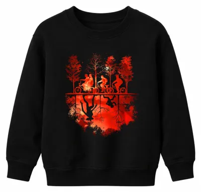 Produktbild von Upside Down Fahrräder Kinder Wald Monster Horror 80er Kinder Sweatshirt Pullover, Schwarz, 116