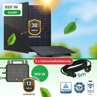 Produktbild von Balkonkraftwerk 920W (2×460W bifazial Glas-Glas Full Black) + Marstek M2-800W WiFi Wechselrichter- Komplettset (inkl. Universalhalterung) WiFi, App